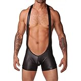 YiZYiF Men's Black Leather Like Bodysuit Gay Muscle Singlet Halter Ultra Briefs Medium