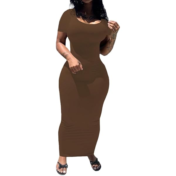 Amazon.com: Women Long Sleeve Maxi Dress Solid Color Scoop Neck Flare  Sleeve Dress Spring Autumn Backless Dress Party (Brown, L): Clothing, Shoes  & Jewelry