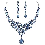 EVER FAITH Deluxe Blue Teardrop Austrian Crystal Pendant Necklace Earrings Set Silver-Tone