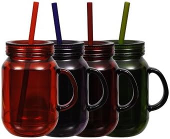 Plastic Double-wall Mason Jar-shaped Tumblers, 16 Oz. Set of Four Red, Maroon, Purple, Green Assorted Colors, Travel Mugs, Drinkware, Glasses with Lock in Straw Spill Proof