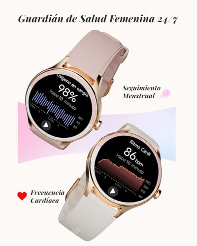 TOOBUR Women's Round Smartwatch, 40 mm Sports Smartwatch, Calorie Step Counter, Compatible Android iOS, Answer/Make Calls, Women's Health Watch, IP68 Waterproof, Pink