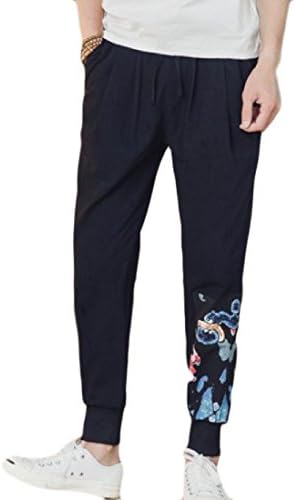 DoufineMen Doufine Mens Plus Size Retro Tenths Pants Linen Print Chinese Style Casual Trousers 2 XL