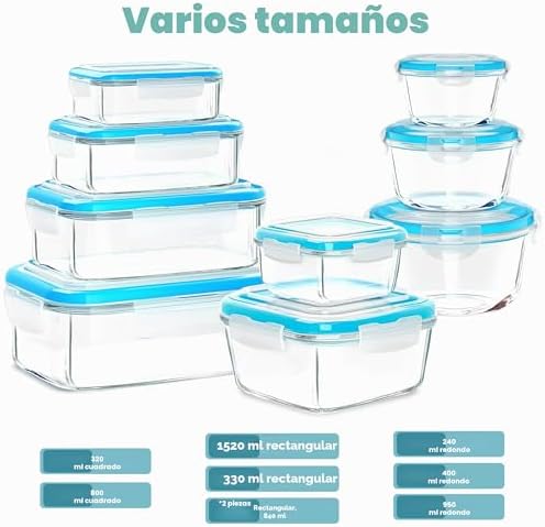 - Recipientes De Vidrio Para Alimentos - Paquete De 9 Recipientes Herméticos Para Alimentos Con Tapas Transparentes - Aptos Para Lavavajillas Y Microondas, Sin BPA