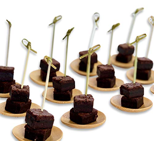 24 Mini Disposable Bamboo Appetizer Plates plus 100 Bamboo Fancy Toothpicks. Biodegradable Appetizer Plates and Bamboo Toothpicks Set for Dinner Parties, Breakfast Bar, Food Tastings, Finger Food.