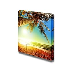 Canvas Prints Wall Art - Tropical Hawaiian Sunset with Palm Trees on The Sandy Beach | Modern Wall Decor/Home Decoration Stretched Gallery Canvas Wrap Giclee Print. Ready to Hang - 12" x 12"