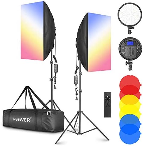 Neewer 2-Pack 2.4GHz LED Softbox Lighting Package with Coloration Filter — 20” × 28” Softbox, 3200–5600K 48W Dimmable LED Mild Head, 2.4GHz Distant, Mild Stand & Pink/Yellow/Blue Filter for Picture Studio Video