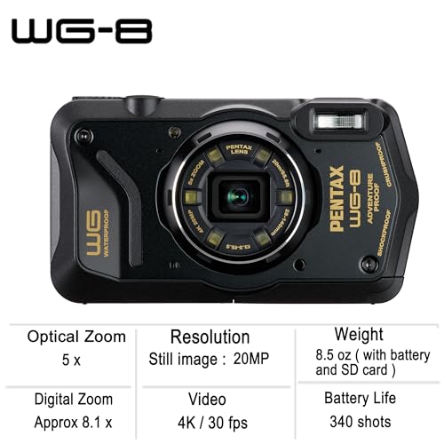 PENTAX WG-8 Black All-Weather Adventure Camera, Featuring Outstanding Waterproof, dustproof, Shock-Resistant Performance, Multi-Application Ring Light for Macro Photography and Webcam Function