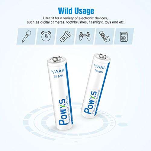 POWXS AAA Rechargeable Batteries 800mAh Pre-Charged Triple A Batteries 1.2V Long-Lasting Ni-MH AAA Size Batteries Suitable for Household - 4 Pack