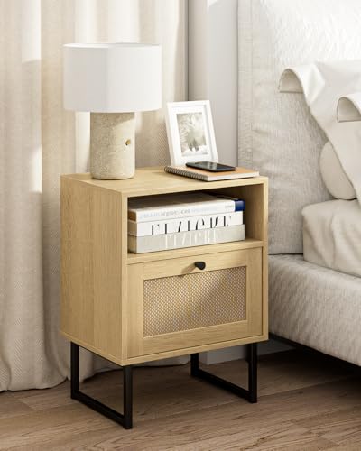 Masupu Rattan Nightstand,Modern Boho Farmhouse Wood Bedside Table with Storage Drawer and Open Shelf,Small Black Frame Side End Table for Bedroom,Living Room,Office (Natural)