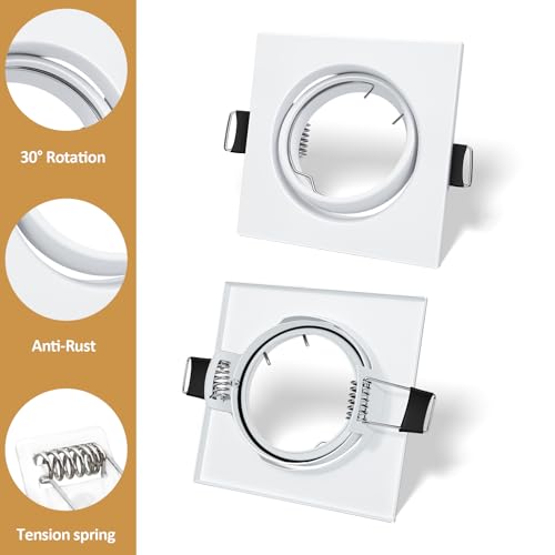 LteelDay 12 x LED Recessed Frames with GU10 Lampholders, Square White Matt in Metal, Cutout 68-80 mm, Rotatable 30°, Incl. GU10 Lamp Holder for LED or Halogen Bulbs