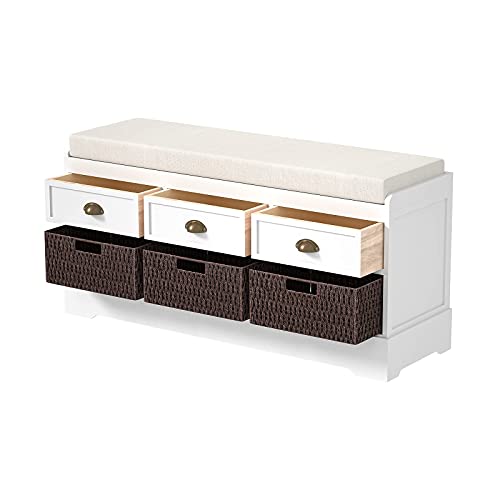 Knowlife Storage Bench Entryway Bench with Cushion, 3 Drawers and 3 Removable Baskets Shoe Bench