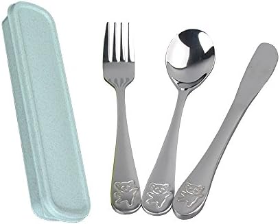 Bear Pattern Kids Utensils 3pcs Set Case (Light Green)