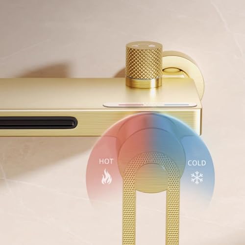 SWHC Bath Faucet with Shower, Waterfall Bath Mixer Tap Hot or Cold Shower Tap Wall Mounted Brushed Gold Bathroom Bath Tap Brass