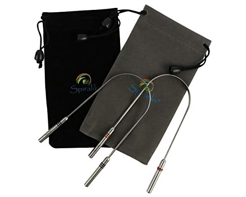 Metal Stainless Steel Tongue Cleaner Scrapers, dental hygiene oral care, rid of bacteria and bad breath, aid immune system, set of 2 with travel pouches - by Spiraliks