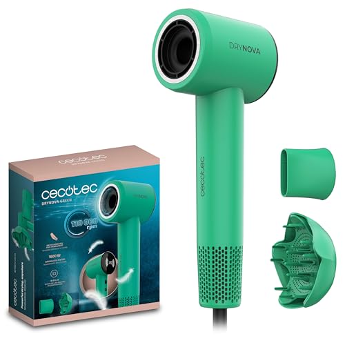 Secador de Pelo Compacto y Ligero DryNova Green Leaf. 1600W, 110000RPM, Motor Brushless, Difusor y Concentrador, Generador de Iones, Silencioso y Duradero, 4 Ajustes de Temperatura