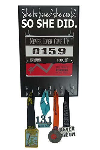 Running On The Wall - Race Bib and Medal Display Rack- Wall Mounted Sports Medal Holder and Hanger for 5K, 10K and Marathons Runners - SHE Believed SHE Could, SO SHE DID (Black-2)