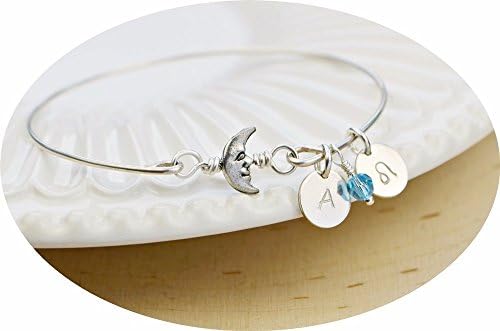 Man in the Moon Bangle Bracelet- Initial and/or Zodiac Personalized Sterling Silver Filled Wire Wrapped Bracelet- Custom Made to Size