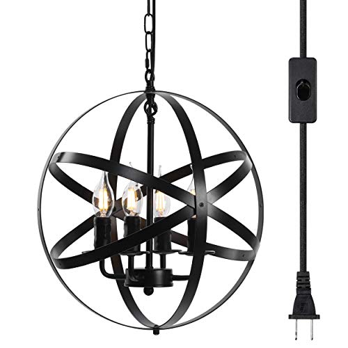 Lika 4-Light Plug in Chandeliers 15.7" Farmhouse Rustic Industrial Pendant Hanging Lights with Metal Shade Black Chandelier for Dining Room, Kitchen, Foyer