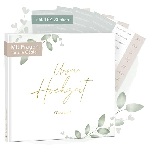 mintkind® Gästebuch Hochzeit zum Ausfüllen Greenery inkl. 4 Stickerbögen | 84 Seiten mit Fragen für die Gäste | Hochzeitsgeschenke für Brautpaar als Deko | Goldene und Silber Hochzeit