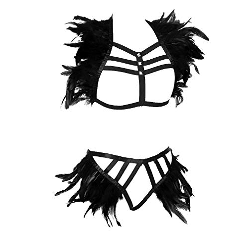 Women Harness Feather Epaulette Bralette Strappy Full Body Frame Set Festival Rave Halloween Burning Man Wing (Black O712+L0063)