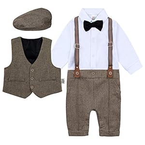 mintgreen 3 stuks baby jongen pak set, gentleman jumpsuit & vest jas & baretten met strik en bretels, 3-18 maanden