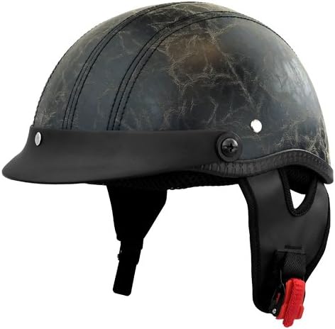 Adult Motorcycle Half Helmet - Worn Leather Low Profile Helmet w/Chin Strap (Medium)