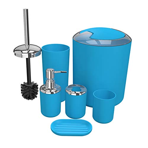 Bathroom Accessories Set 6 Pieces Plastic Bathroom Accessories Toothbrush Holder, Rinse Cup, Soap Dish, Hand Sanitizer Bottle, Waste Bin, Toilet Brush with Holder (Blue)