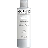 GOLDEN Fluid Acrylics, Titanium White, 8 fl. oz. Bottle | Artist grade acrylic paint with rich pigment load and a flowing constency useful for even coverage and fine details.