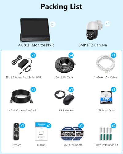 (2026 Updated) 4K PoE PTZ Security Camera System, 4 Outdoor PTZ Cameras, 8CH NVR with 10.2" IPS Display, 130° Wide Angle, AI Human Detection, PIR Motion, 2-Way Audio, IP66, Free App, 1TB HDD