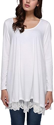 HUHRRY Women's Long Tunic Shirts For Leggings Lace Tunic Dresses With Sleeve White X-Large