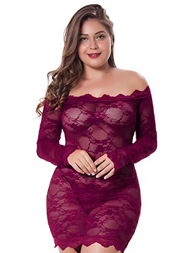 LingerLove Womens Regular and Plus Size Chemise Floral Lace Off Shoulder See Through Bodysuit Sexy Lingerie (Wine Red, M-L)