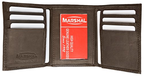 Marshal Wallet Leather Mens Trifold Wallet Zipper Money Compartment (Brown)