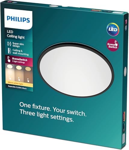 Plafonnier rond à panneau LED SceneSwitch à intensité variable, 3 ambiances différentes, 18W. pour l'éclairage intérieur, le salon et la chambre, noir