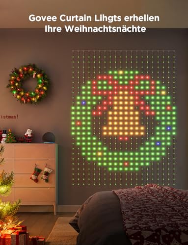 Govee Curtain Lights 3 x 2 m, Smart LED Curtain with DIY GIF, RGBIC Colour Changing Fairy Lights in Christmas Decoration, Intelligent Dynamic Decor, IP65 Waterproof, Compatible with Alexa, 1040 LEDs