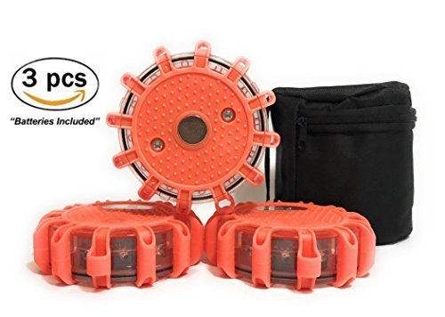 TLS USA LED Road Flares Emergency Disc Roadside Safety Light Flashing Road Beacon for Car Truck Boat with Storage Bag (Pack of 3)