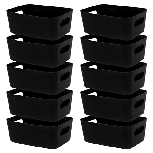 LYLIDIA Pack of 10 Storage Boxes Plastic 30 cm Black Storage Basket Large Basket Storage Baskets Plastic Box Organiser Box for Bathroom Kitchen Cabinet Shelf Organiser Boxes