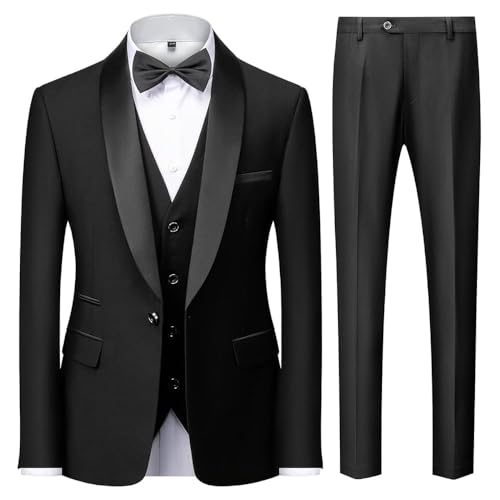 KUDMOL Men's 3-Piece Suit Wedding Slim Fit One Button Business Tuxedo Suits 3 Piece Solid Color for Party Comfort Blazer Jacket and Trousers Vest