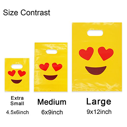 Cevinee 50PC Glossy Merchandise Bags, Handy Retail Shopping Bags, Cute Party Favor Bags - Emoji in Love - No Gusset - Die Cut Handle - 9" x 12" - 2.0 Mil, Yellow