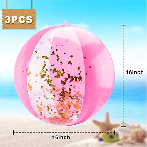 POPLAY Inflatable Beach Balls 16 Inch, 3PCS Glitter Beach Balls Pool Toys with Confetti Sparkling Balls for Kids Toddlers Adults Summer Pool Party