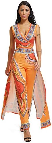 Women's Sleeveless V Neck African Printed Bodycon Sexy Party Cocktail Dress Jumpsuit Rompers