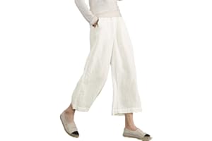 ECUPPER Womens Casual Loose Elastic Waist Cotton Trouser Cropped Wide Leg Pants