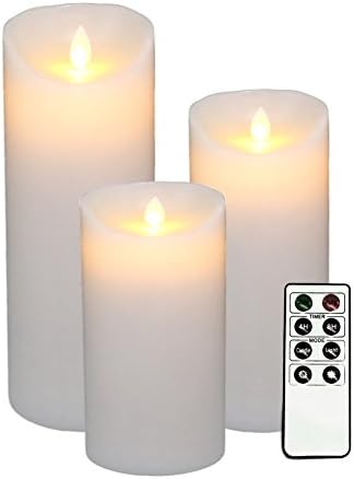 Flameless Candles,LED Candles Luminara Electric Battery Operated With Remote Control Flicking Pillar Candles Set With Timer Fake Candles Made From Real Wax Ivory 3PCS(H5" 7" 9" x D3.15）
