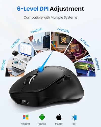 TECKNET Wireless Mouse, Rechargeable Bluetooth Mouse(Tri-Mode: BT 5.0/3.0+2.4G), 4800DPI Adjustable, Ergonomic Cordless Silent Mouse for Laptop, PC, Computer, 6 Buttons, Black