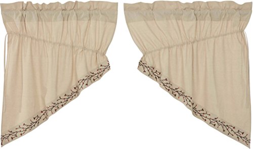 Piper Classics Twig & Berry Vine Prairie Gathered Swag Curtains, 36" Long, Beige w/Embroidered Berries, Farmhouse Country Primitive Window Treatment