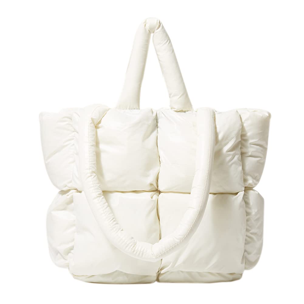 Photo 1 of OWGSEE Puffer Tote Bag Soft Puffy Purses for Women Winter Light Down Cotton Padded Quilted Puff Shoulder Handbags (White)