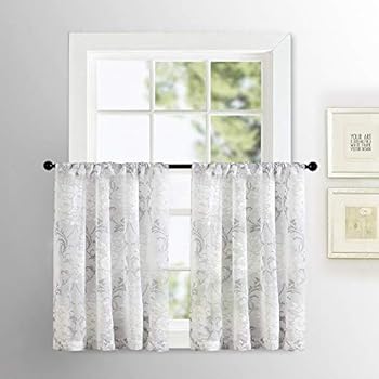 Sheer Curtain Tiers Cafe Curtains 36 inches Long Kitchen Tiers Gray Scroll Printed Damask Design Rod Pocket Half Window Curtains Medallion Flower Print Bathroom Small Window 2 Panels Grey on White