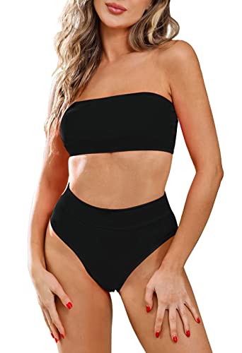 Viottiset Bikini da donna a vita alta, con spalline rimovibili, Nero 00, XL