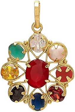 Multicolour Synthetic Brass Navratan/Navgrah Flower Shape Locket Pendant for Women