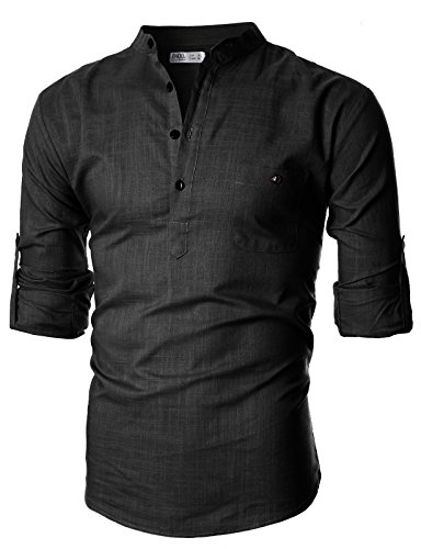 Ohoo Mens Slim Fit Ultra Light Cotton Linen Blend Long Sleeve Popover Work Shirt/DCC006-BLACK-XL