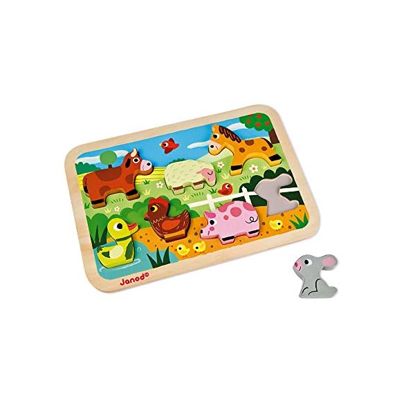 Janod Chunky-Puzzle aus Holz, Bauernhoftiere, 7 Teile, Entwicklung der Feinmotorik und Konzentration, ab 18 Monaten, J07055